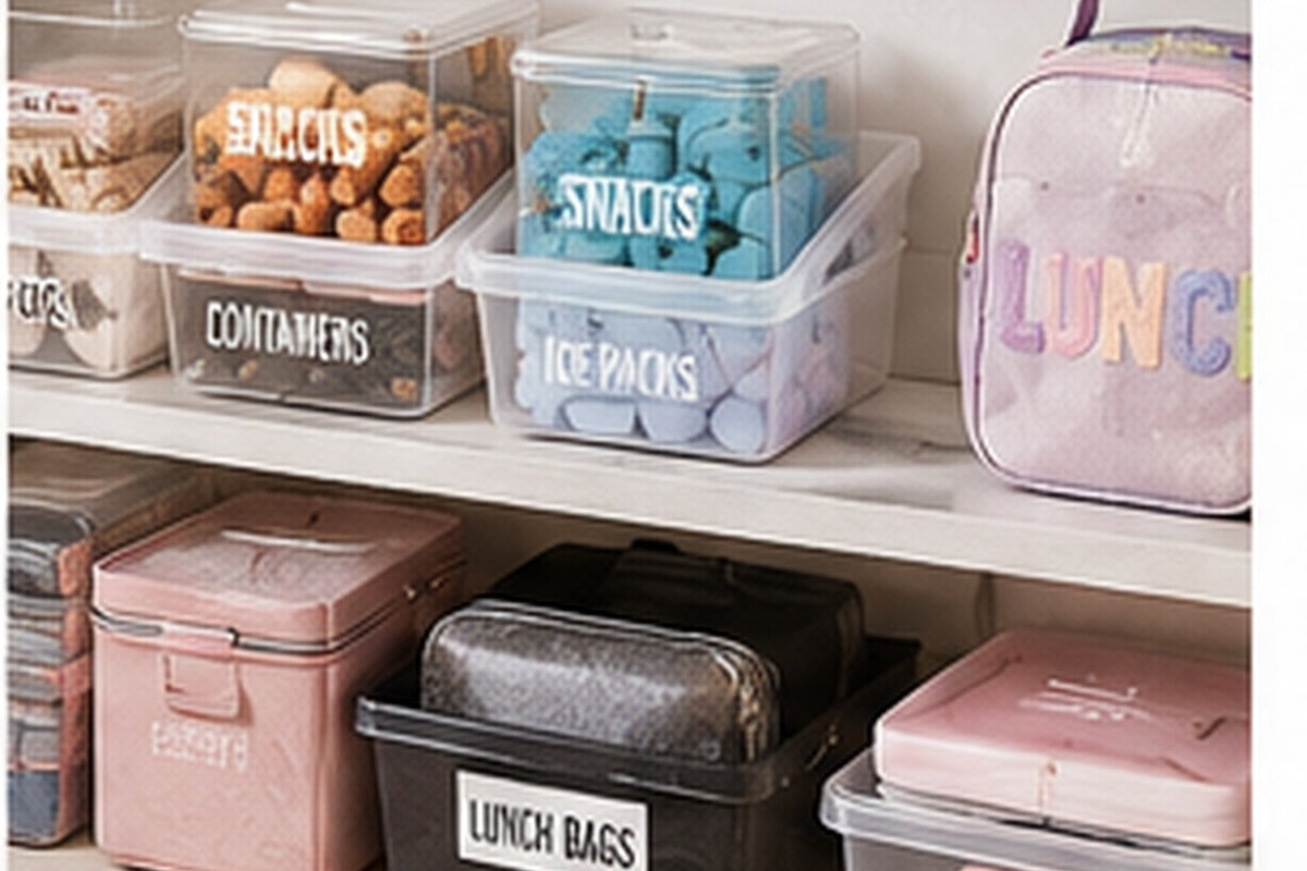 Organized school lunch packing station with clear bins, reusable containers and daily lunch supplies