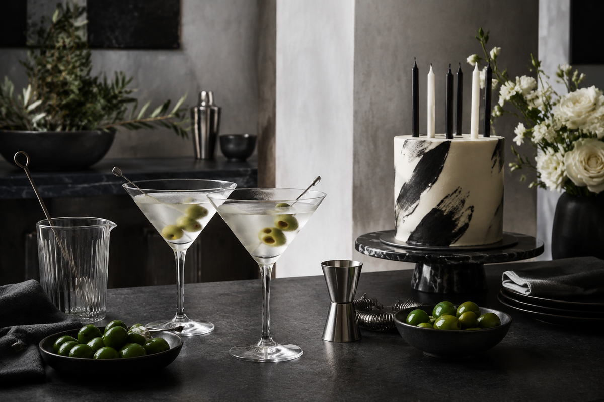 Dirty martini birthday party with green olive garnishes, a black-and-ivory cake, and cool-stone editorial styling