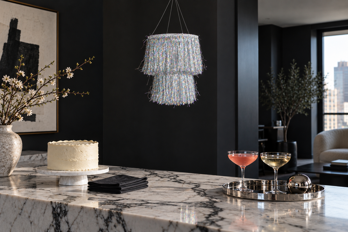 Silver tinsel chandelier above a marble party table in a dark modern apartment — AI styling concept