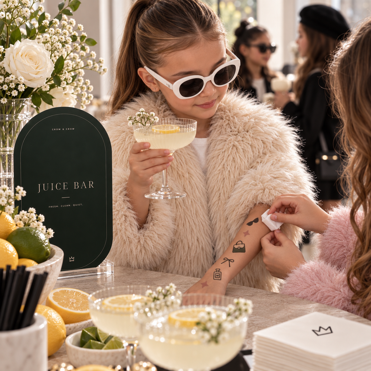 Fashion temporary tattoos being applied to a child’s forearm beside a birthday drink station