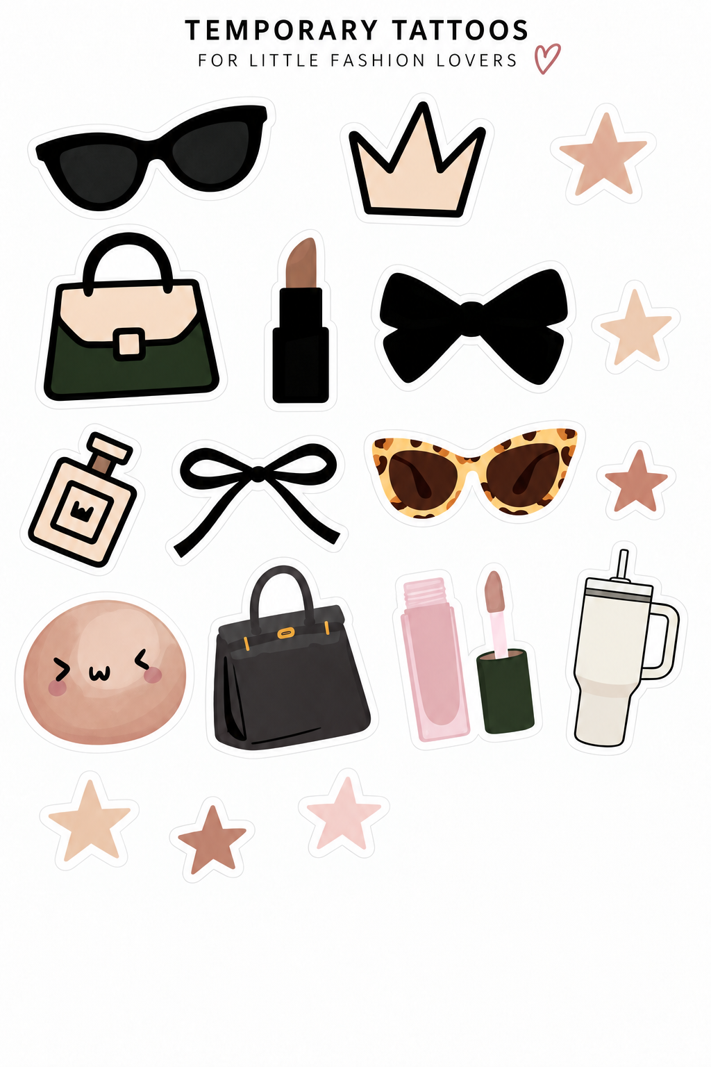 Fashion temporary tattoo design preview with sunglasses, bows, handbags, stars and beauty illustrations