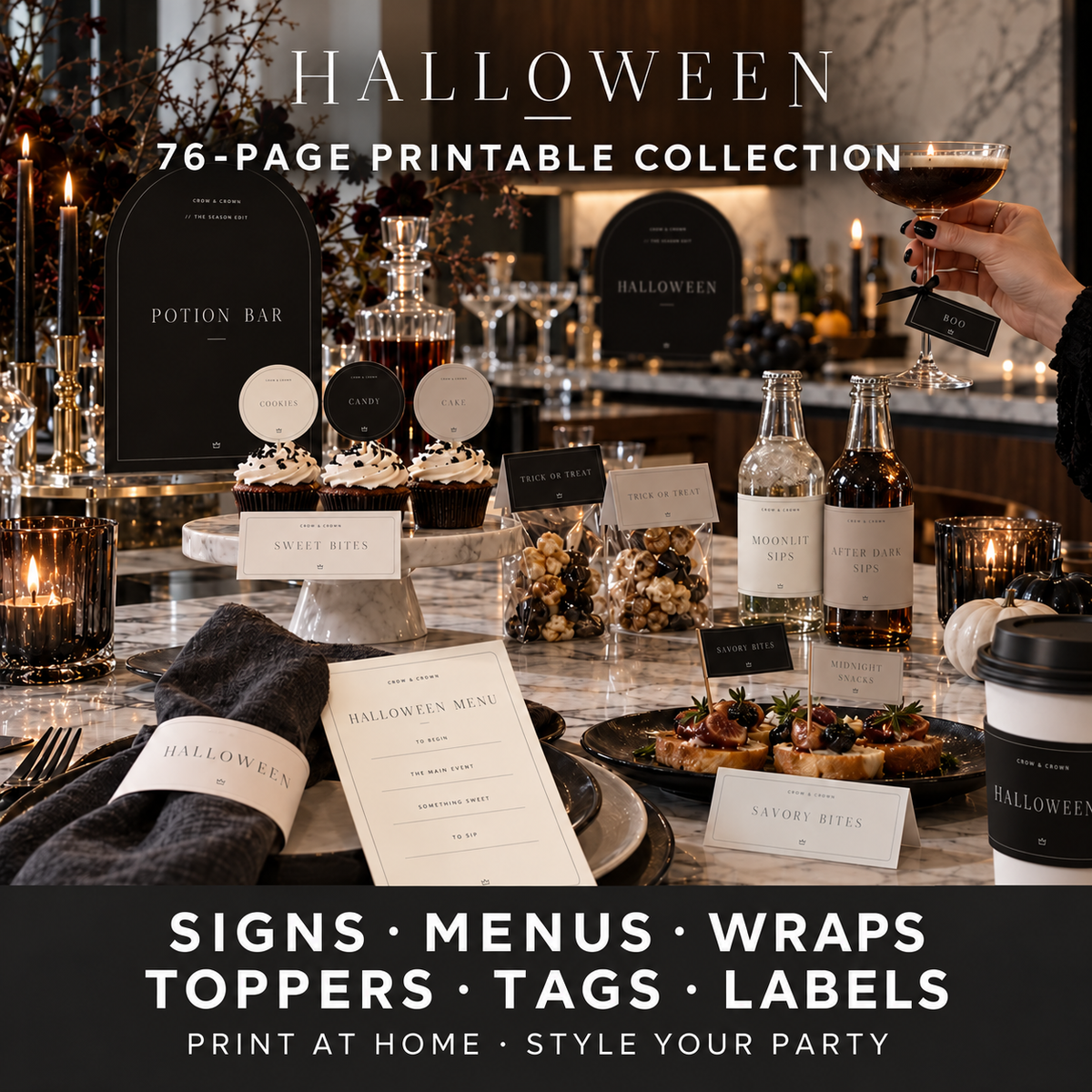 Halloween 76-page printable collection shown across a candlelit food and drink table