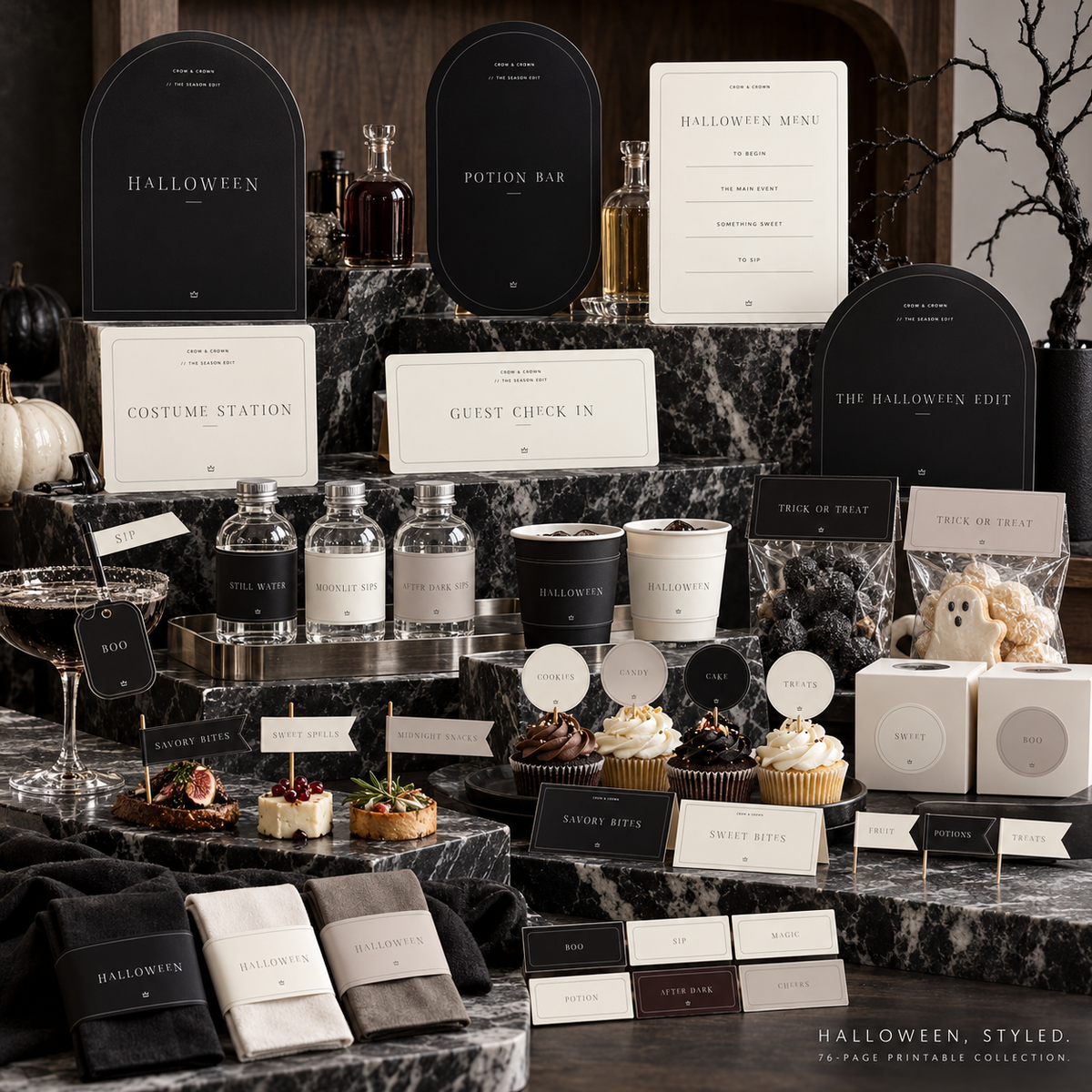Halloween printable display with near-black station signs, ivory menus and food toppers