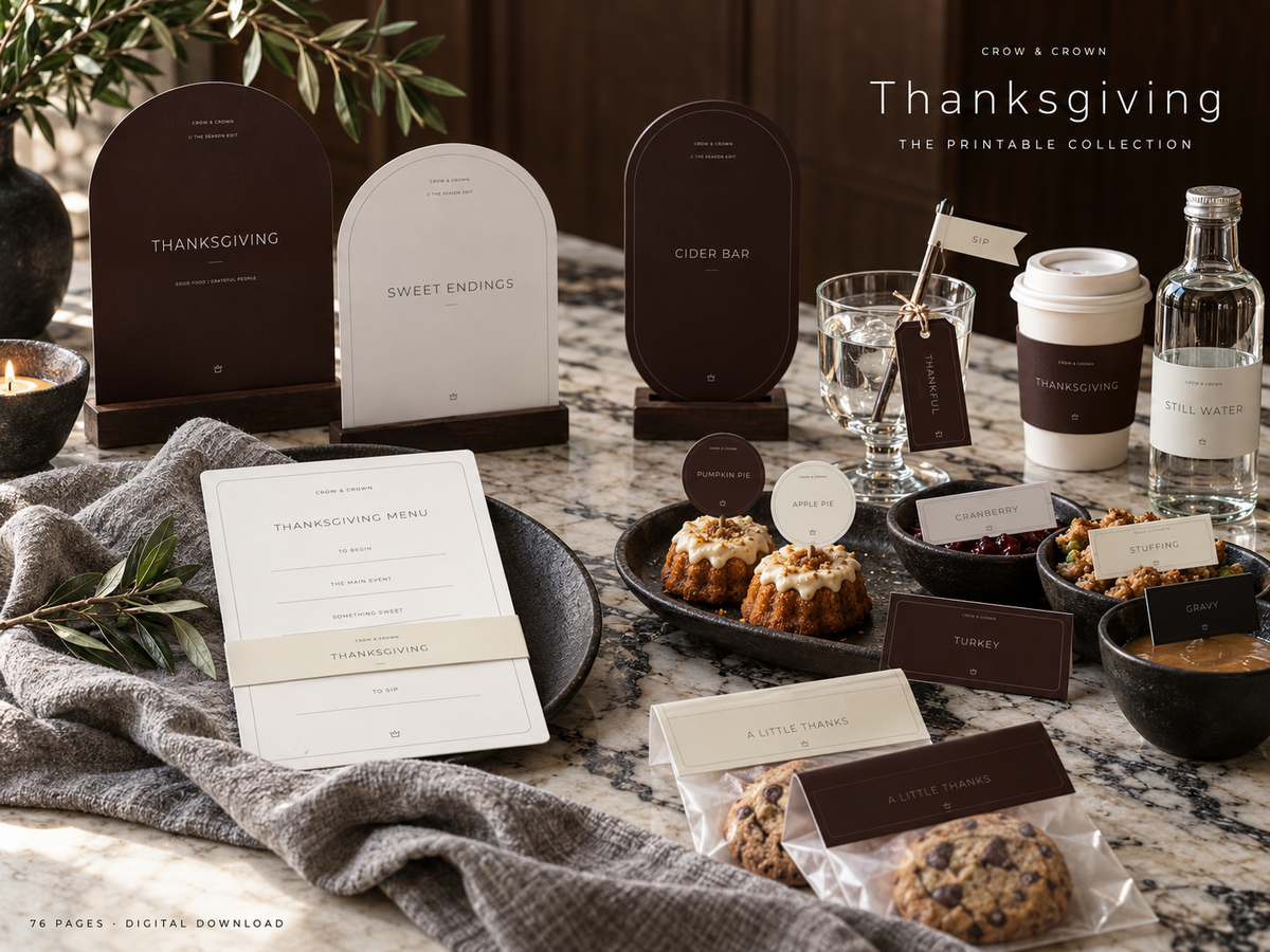 Thanksgiving printable still life with menus, arched signs, drink wraps and favors
