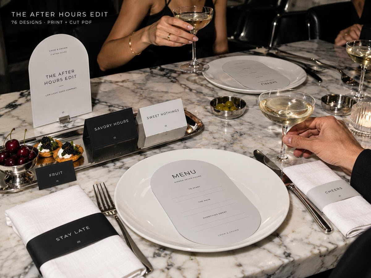 After Hours cocktail-party table setting with menus, napkin bands, food cards and guests