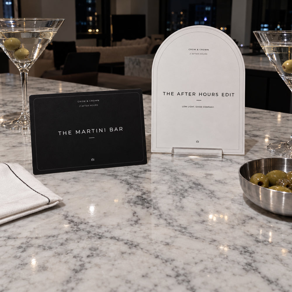 The Martini Bar and The After Hours Edit cocktail-party printable signs on neutral marble