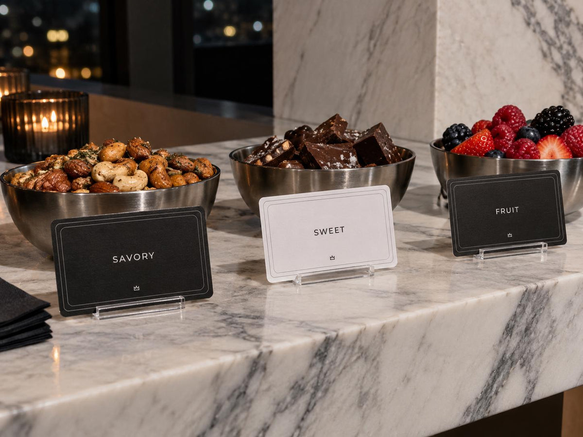 Noir, ivory and graphite cocktail-party food labels reading Savory, Sweet and Fruit