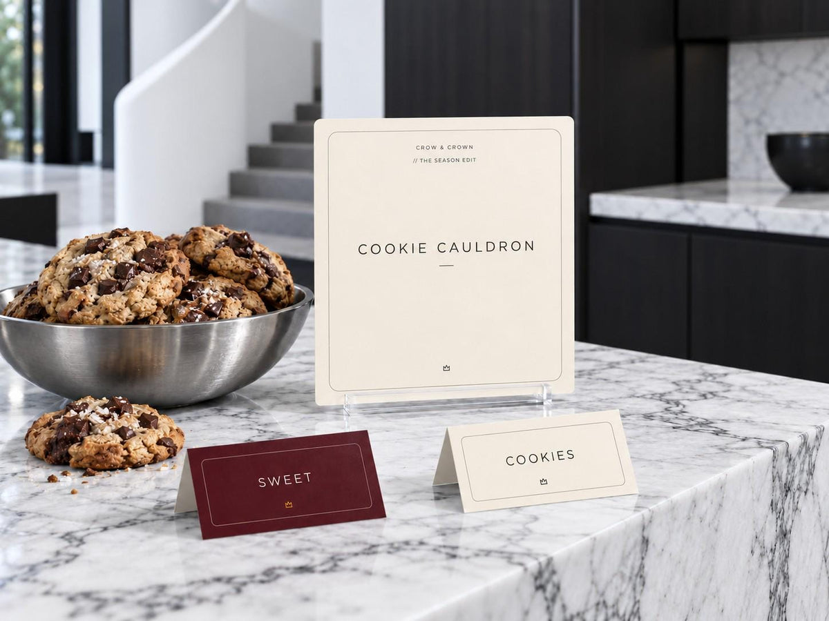 Cookie Cauldron Halloween printable with burgundy Sweet and ivory Cookies tent cards