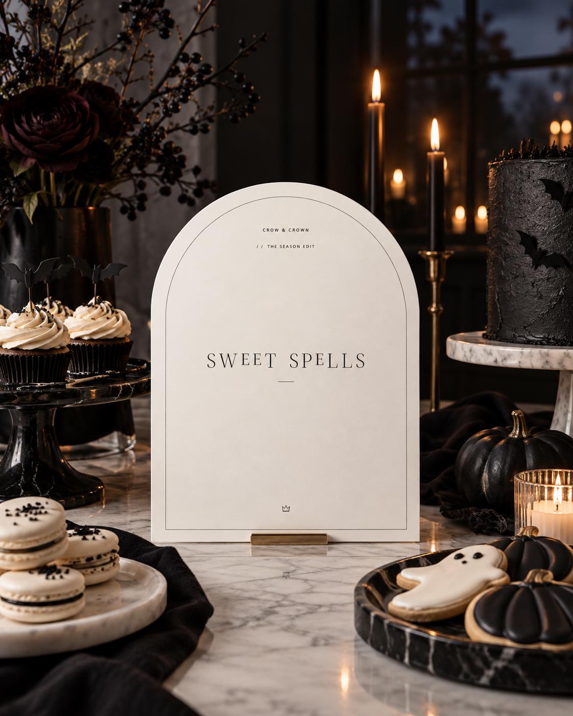Ivory Sweet Spells Halloween printable beside cupcakes, cookies and candlelight