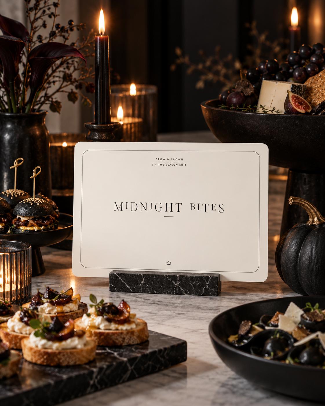 Midnight Bites Halloween printable behind small savory bites and dark pumpkins