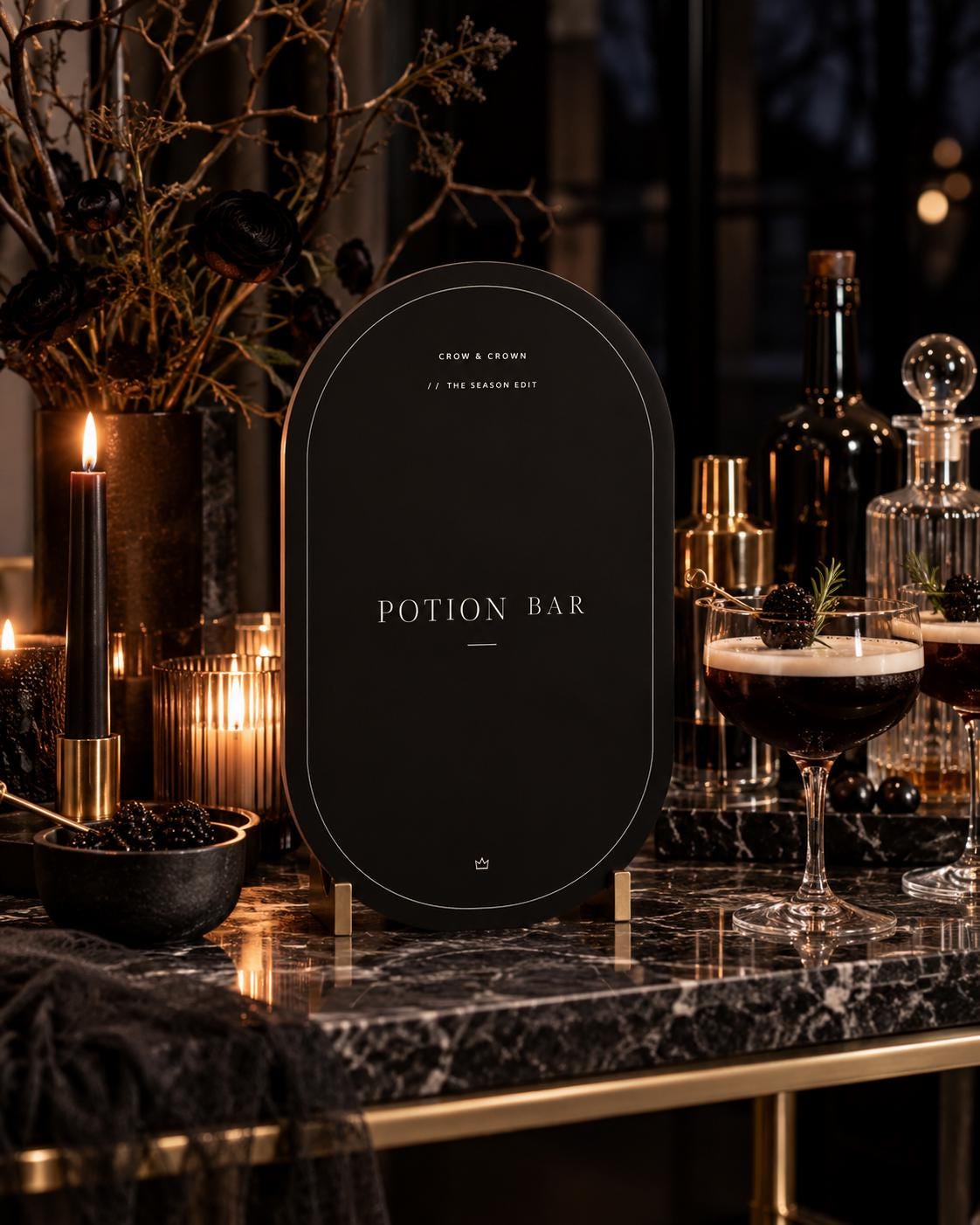 Near-black Potion Bar Halloween printable among dark drinks, candles and glassware