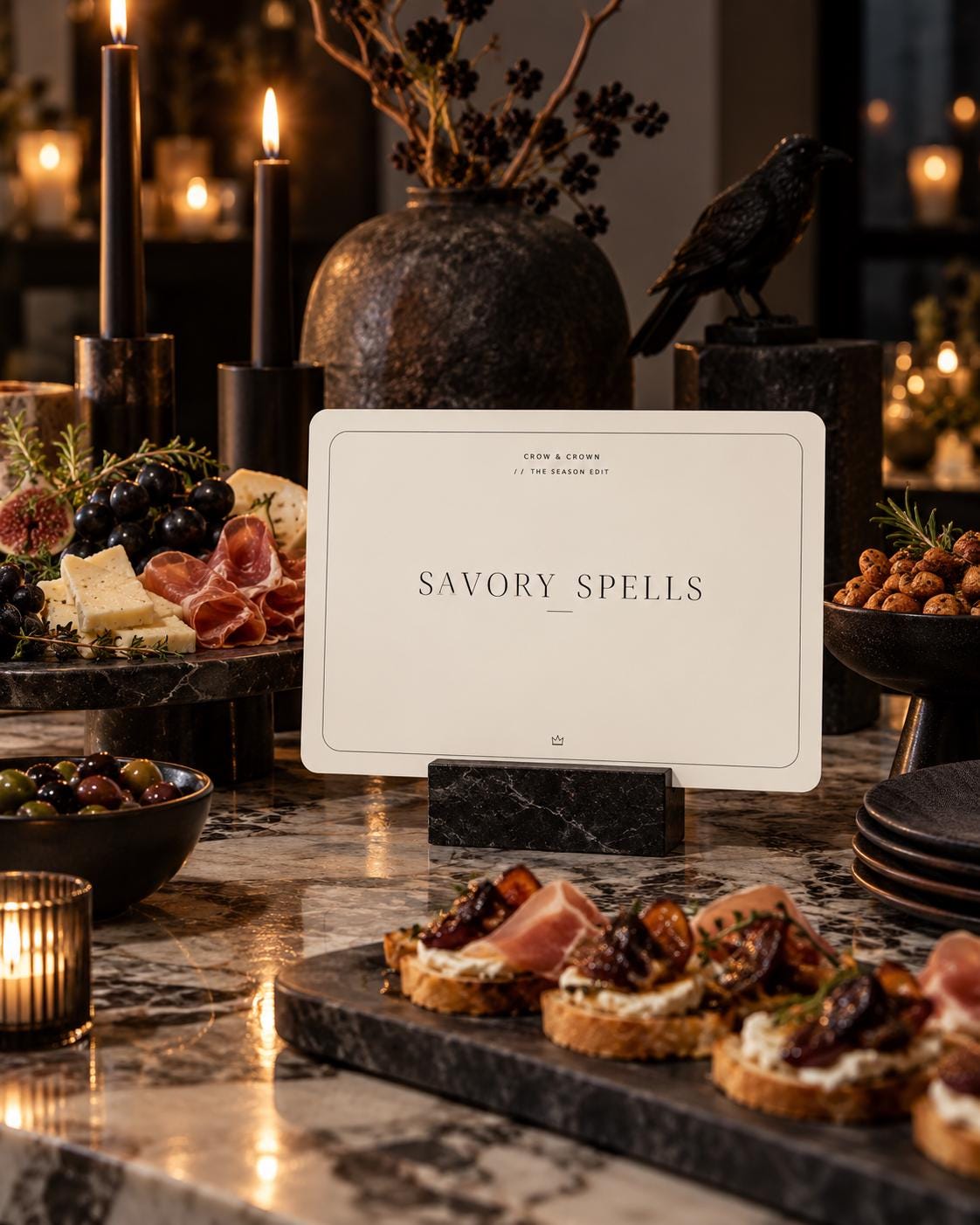 Savory Spells Halloween food sign with cheese, fruit and charcuterie