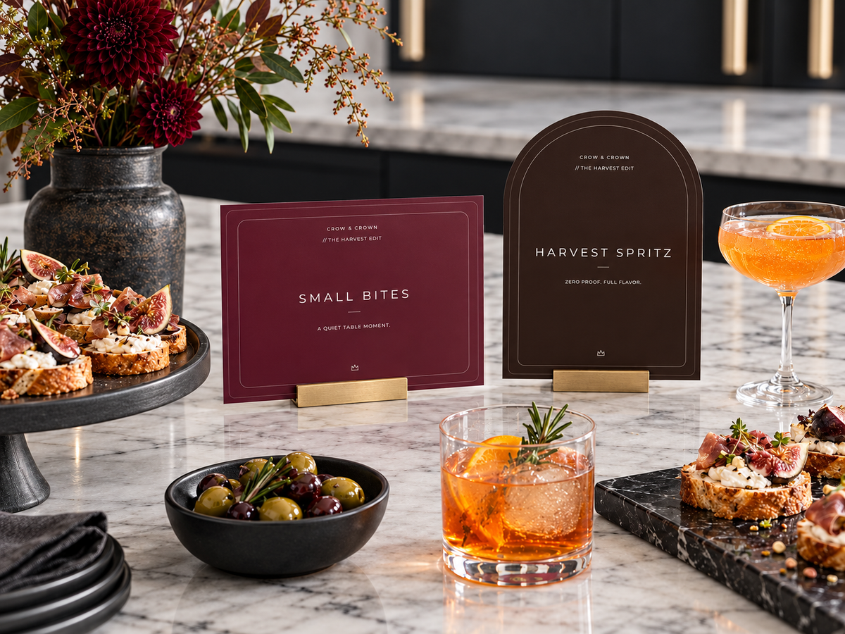 Wine Small Bites and dark Harvest Spritz Thanksgiving printable signs beside crostini and drinks