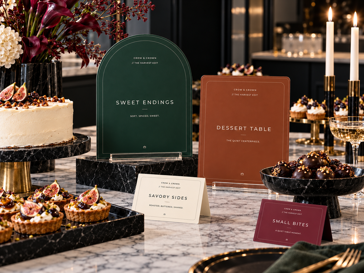 Pine-green Sweet Endings and brown Dessert Table Thanksgiving printables with cake and tarts
