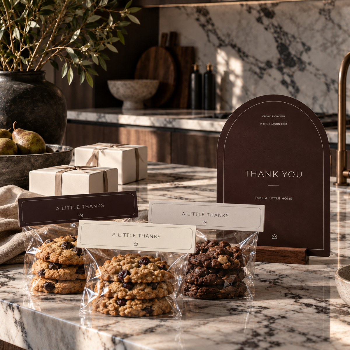 Thank You Thanksgiving printable with A Little Thanks cookie-bag toppers on a marble counter