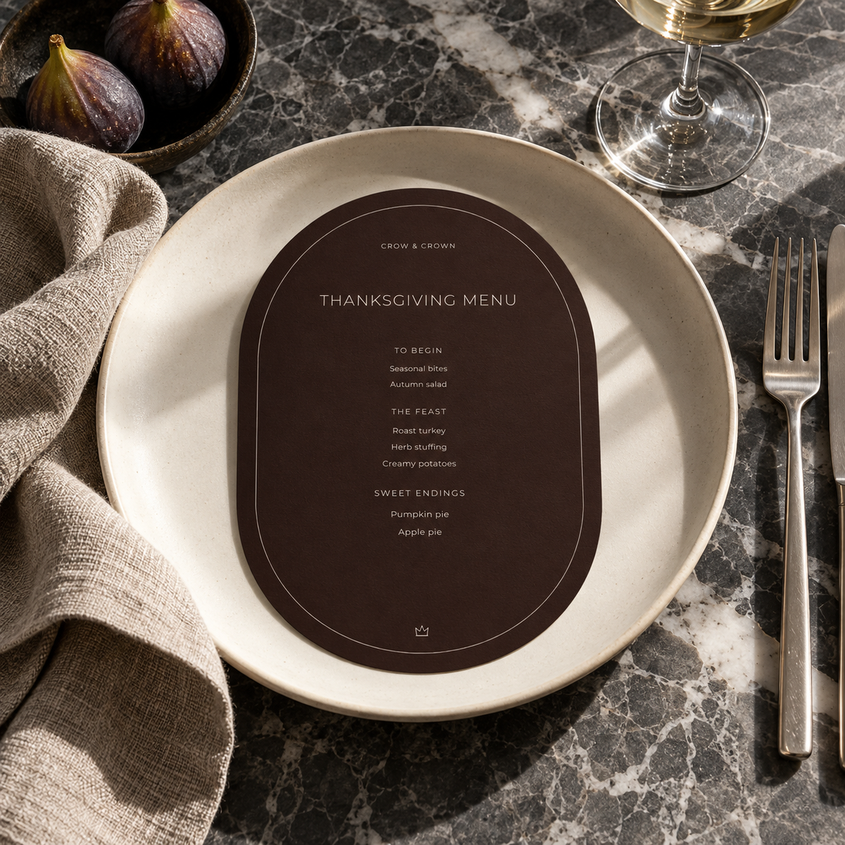 Espresso Thanksgiving menu printable on an ivory plate with linen and charcoal marble