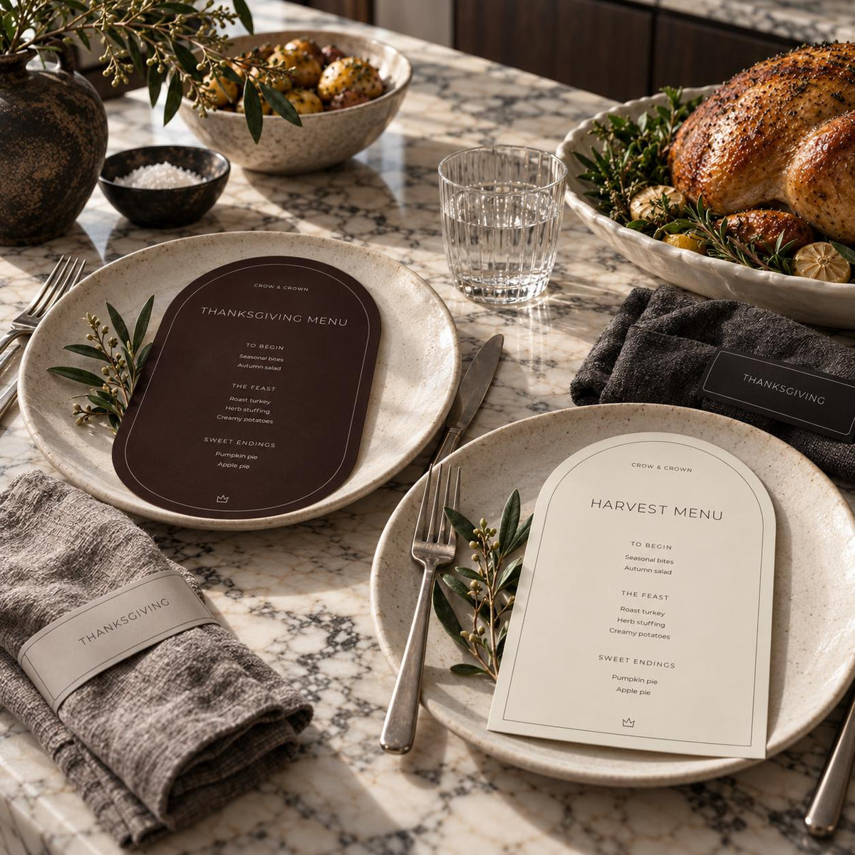 Espresso Thanksgiving and ivory Harvest menu printables at two table settings