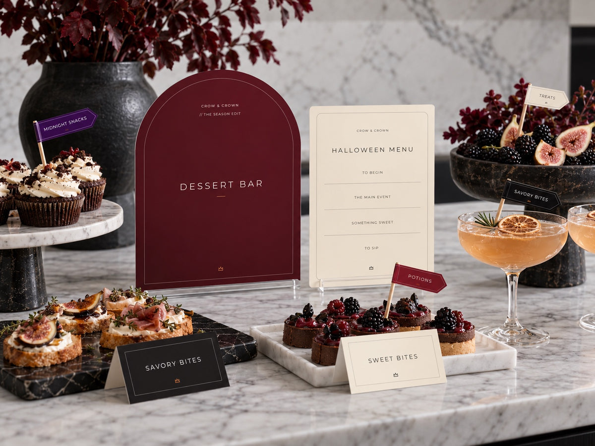 Burgundy Dessert Bar and ivory Halloween menu printables beside tarts, savory bites and cocktails