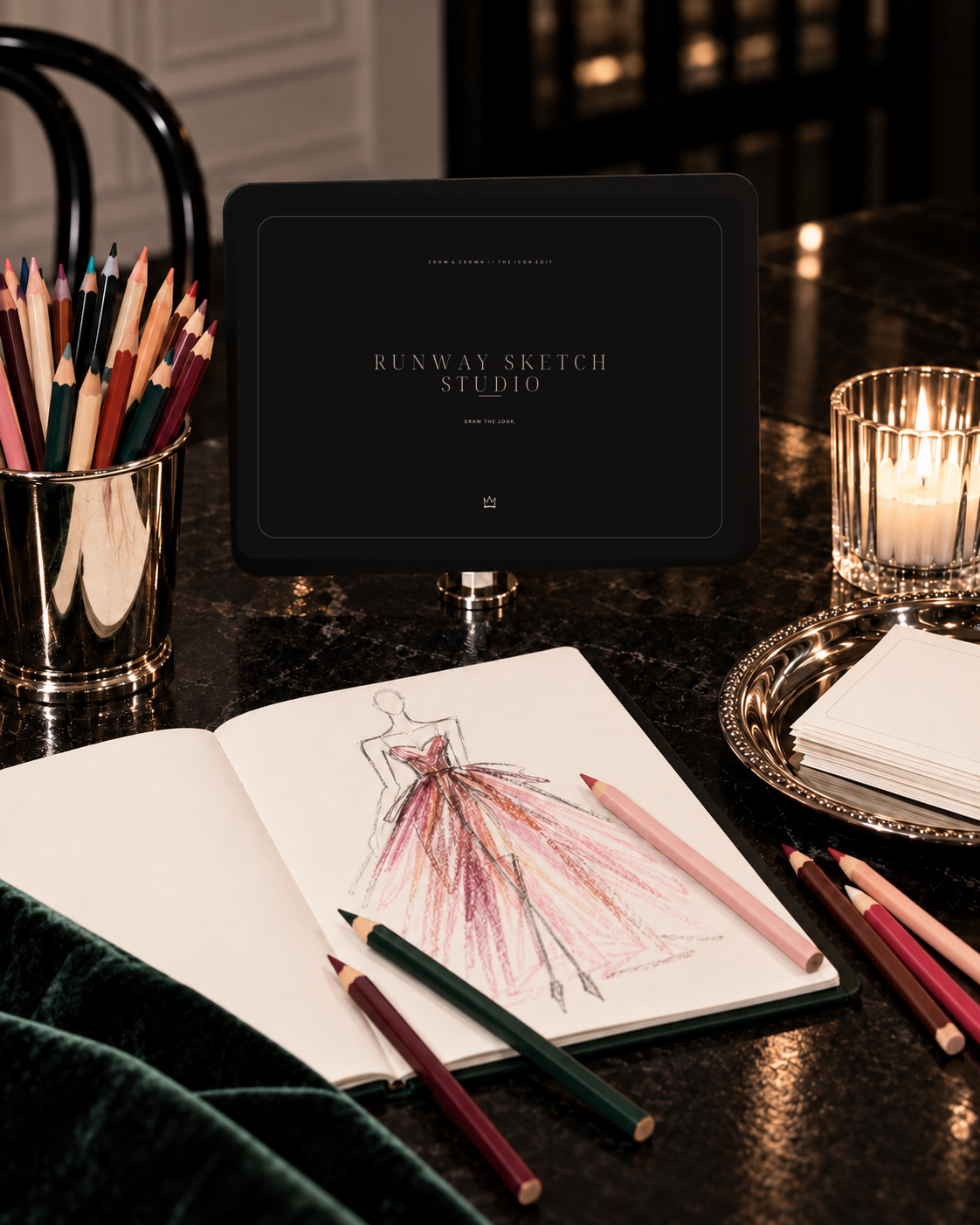 Runway Sketch Studio printable sign beside a fashion sketchbook and colored pencils