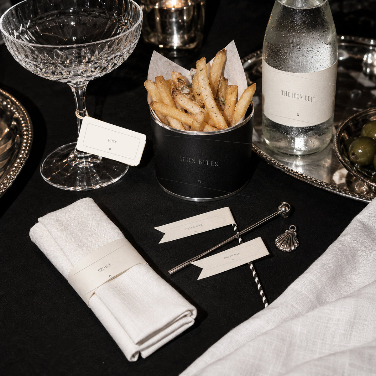 Fashion birthday snack-cup wrap, water bottle label, food flags and napkin band at a place setting