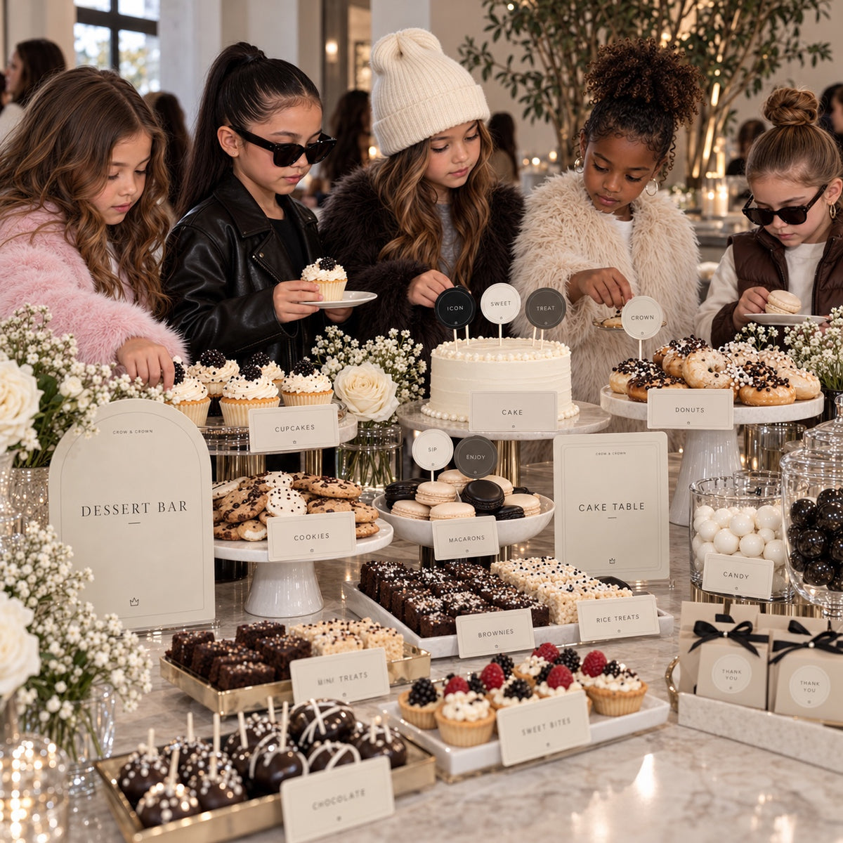 Fashion birthday dessert station with Dessert Bar printables, food cards and tiered cupcake stands