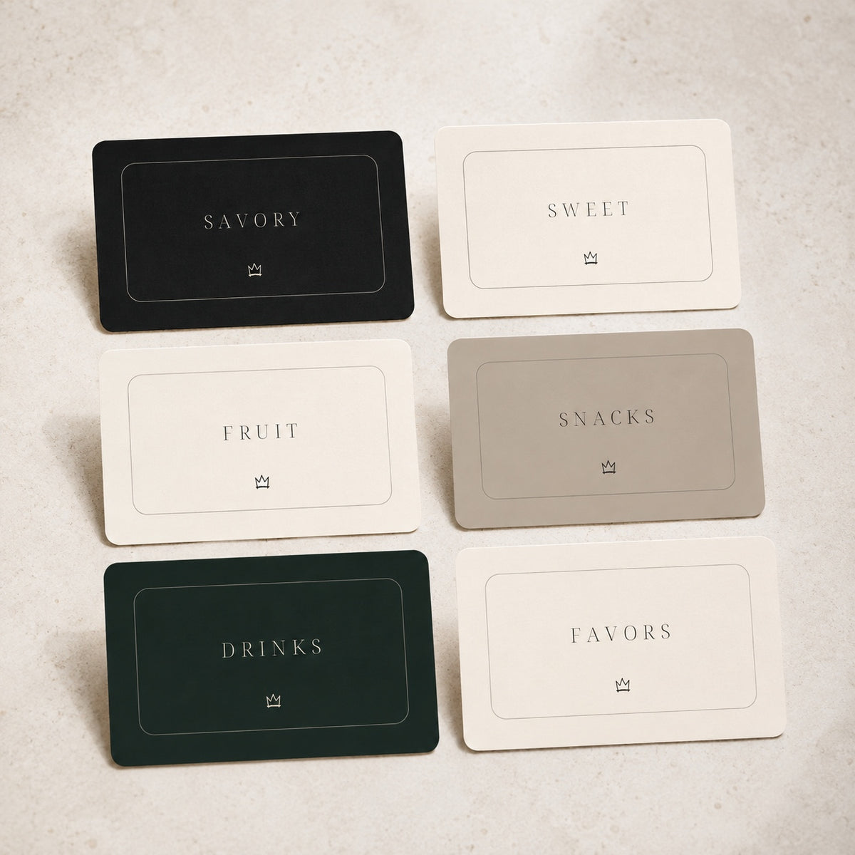 Fashion birthday food-label cards for Savory, Sweet, Fruit, Snacks, Drinks and Favors
