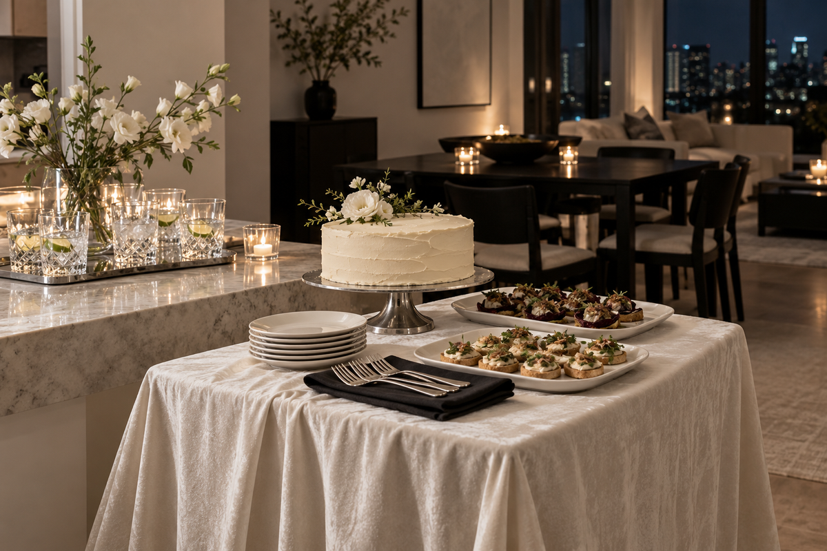 AI styling illustration of a modern evening party with an ivory-covered buffet, silver cake stand, white platters and a marble drinks station
