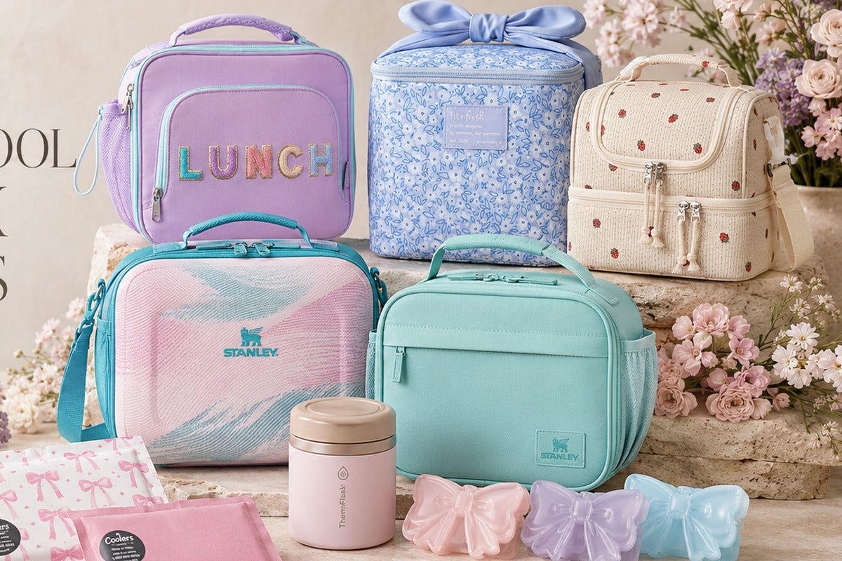 Girls school lunch gear with insulated bag, bento box, water bottle and reusable accessories