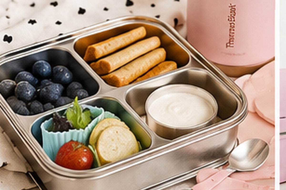 Picky eater school lunch setup with divided bento box, food jar and small separated portions