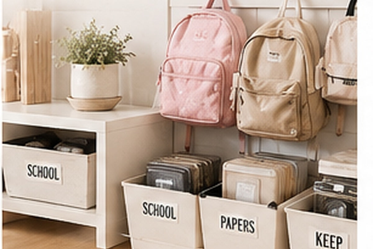 Back-to-school home organization setup with lunch supplies, storage bins and family planning zones