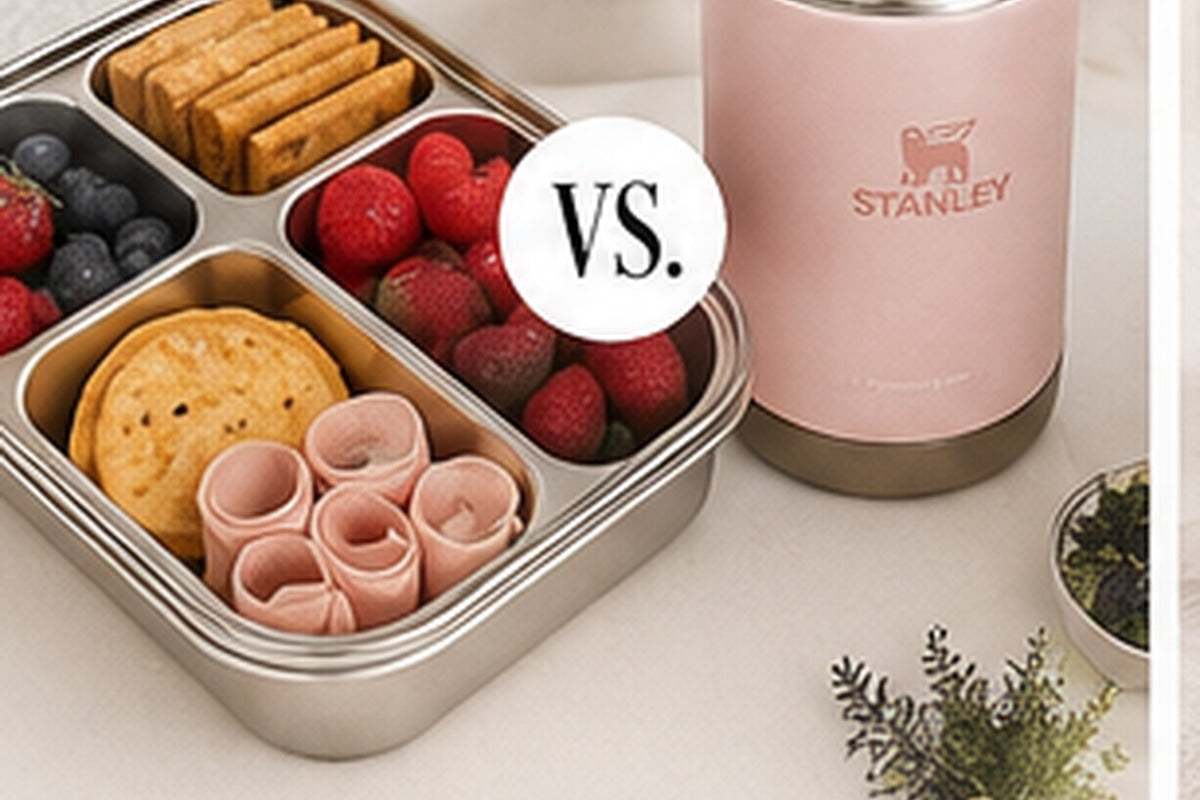 Bento lunch box and insulated food jar side by side for a school lunch container comparison
