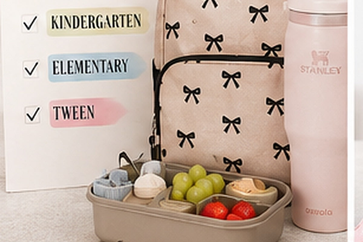 School lunch gear checklist with bento box, water bottle, food jar and reusable packing accessories