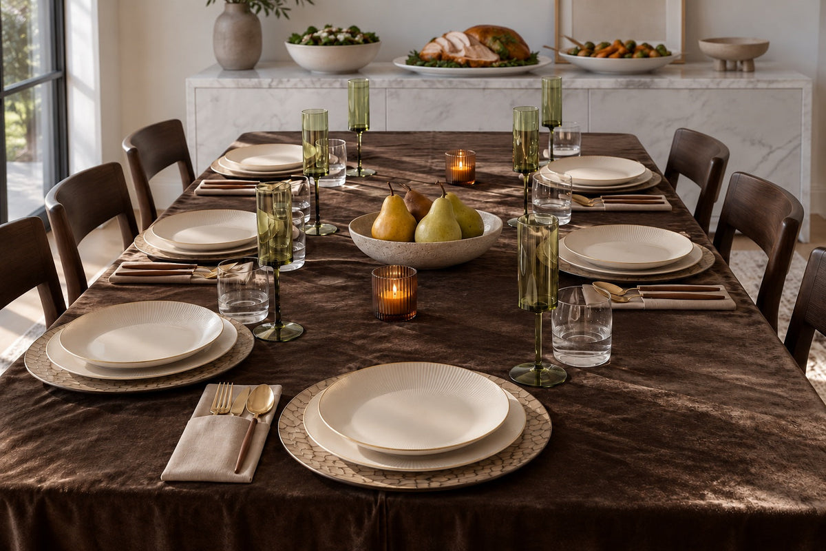 Modern Thanksgiving table with espresso velvet, ivory plates, taupe chargers, sage green flutes and a marble serving sideboard.