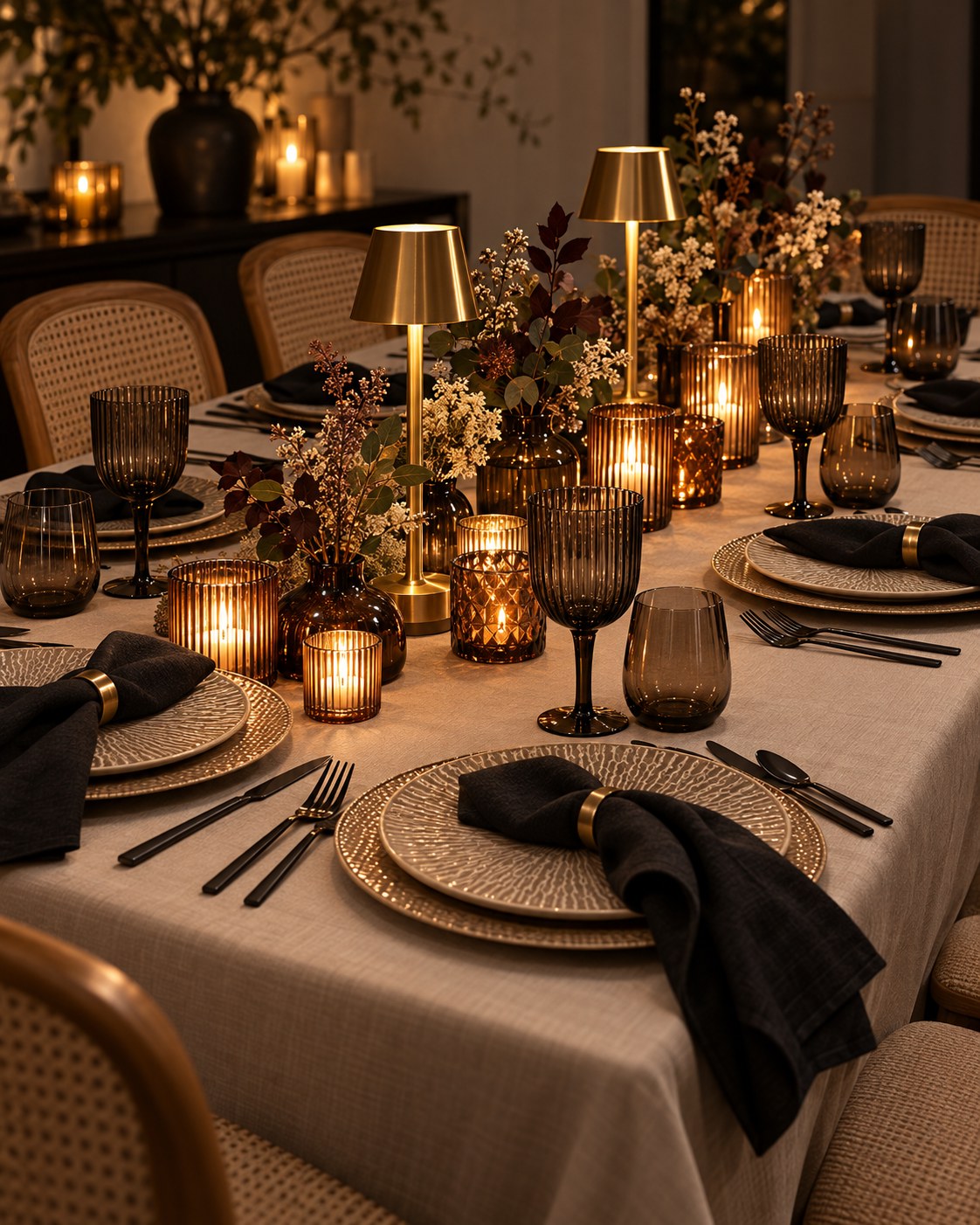 AI styling concept: Taupe + Black + Amber: original Shop the Look inspiration image for this Thanksgiving tablescape