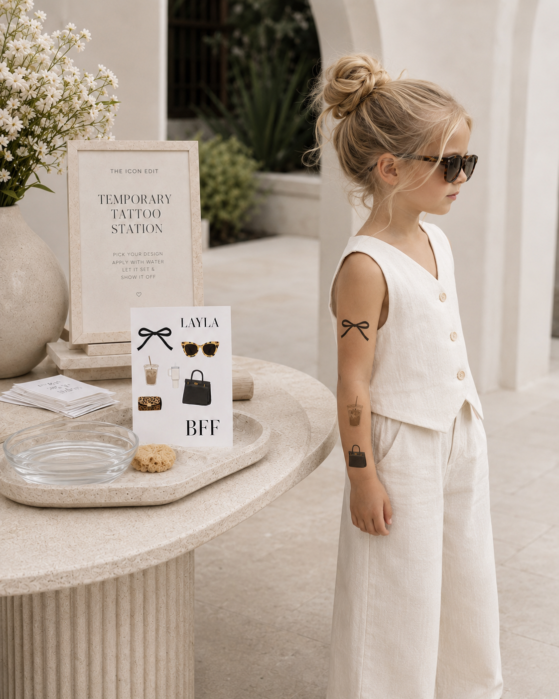 Girl in a white outfit showing fashion temporary tattoos on her arm