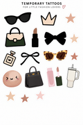 Fashion temporary tattoo design preview with sunglasses, bows, handbags, stars and beauty illustrations