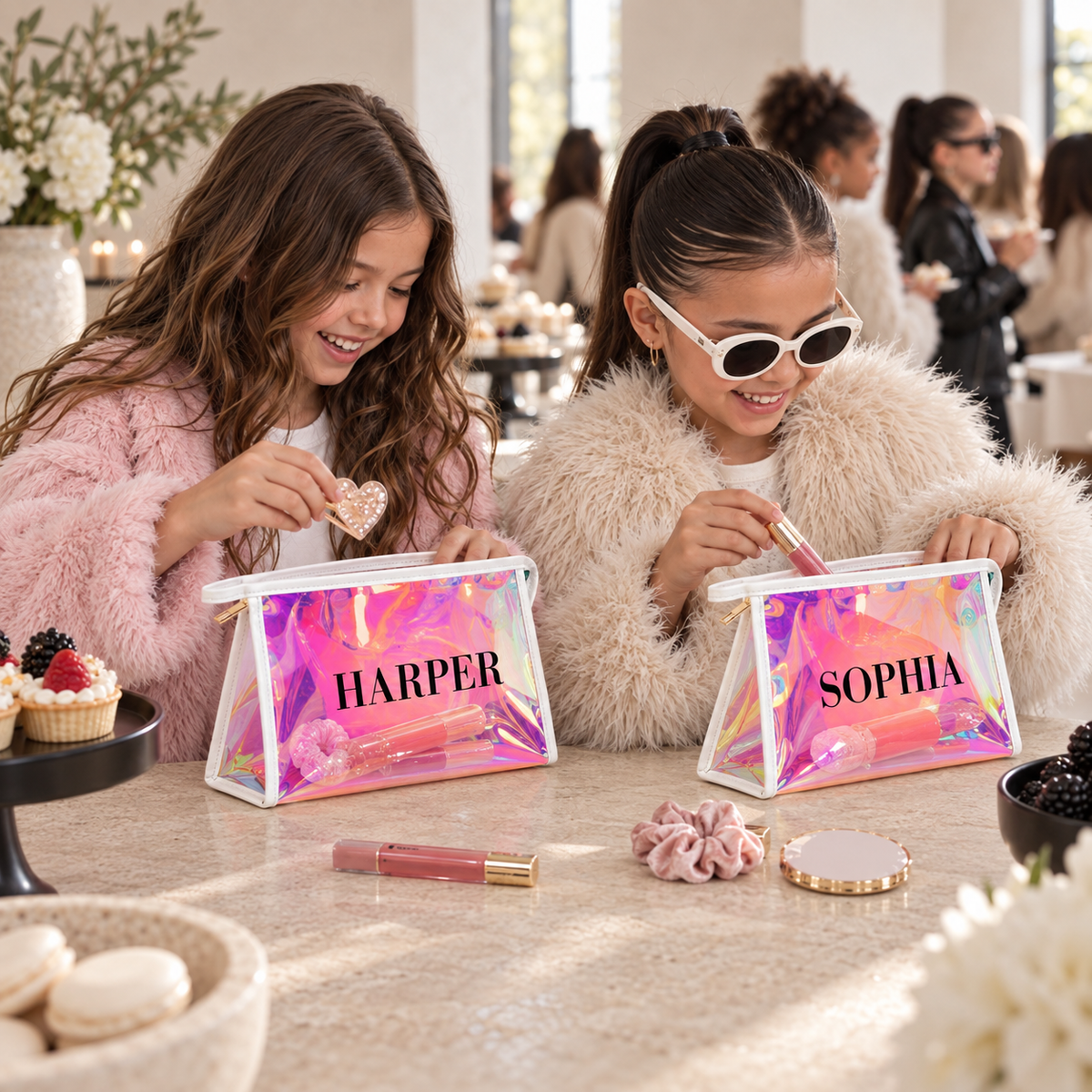 Close view of Harper and Sophia personalized holographic makeup pouches at a party table