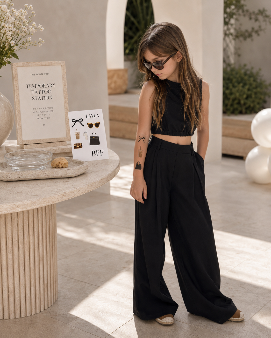 Girl in a black outfit wearing fashion temporary tattoos at the party station