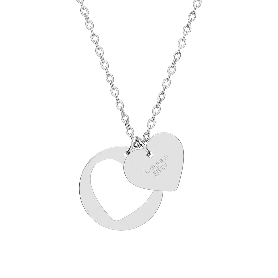 Personalized double-heart necklace in polished stainless steel with custom engraving