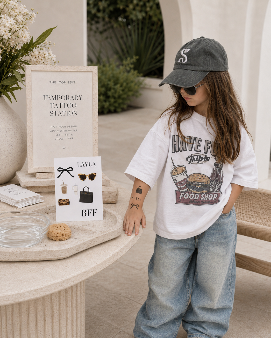 Girl in casual streetwear wearing personalized fashion temporary tattoos