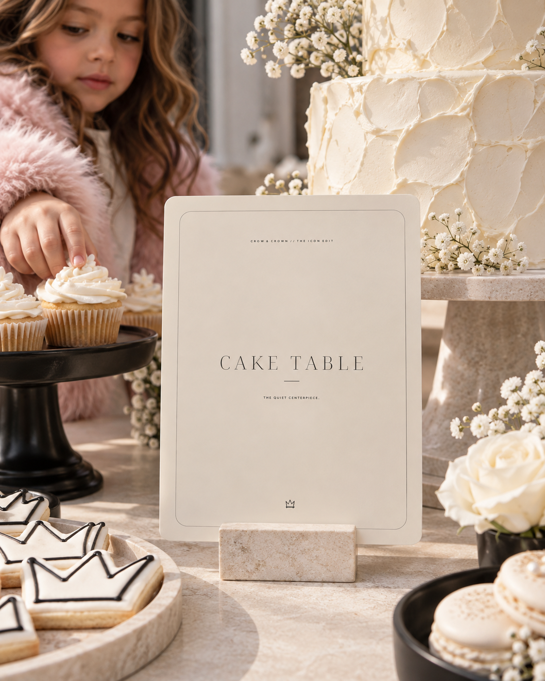 Fashion birthday Cake Table printable sign styled with cake, cupcakes and crown cookies