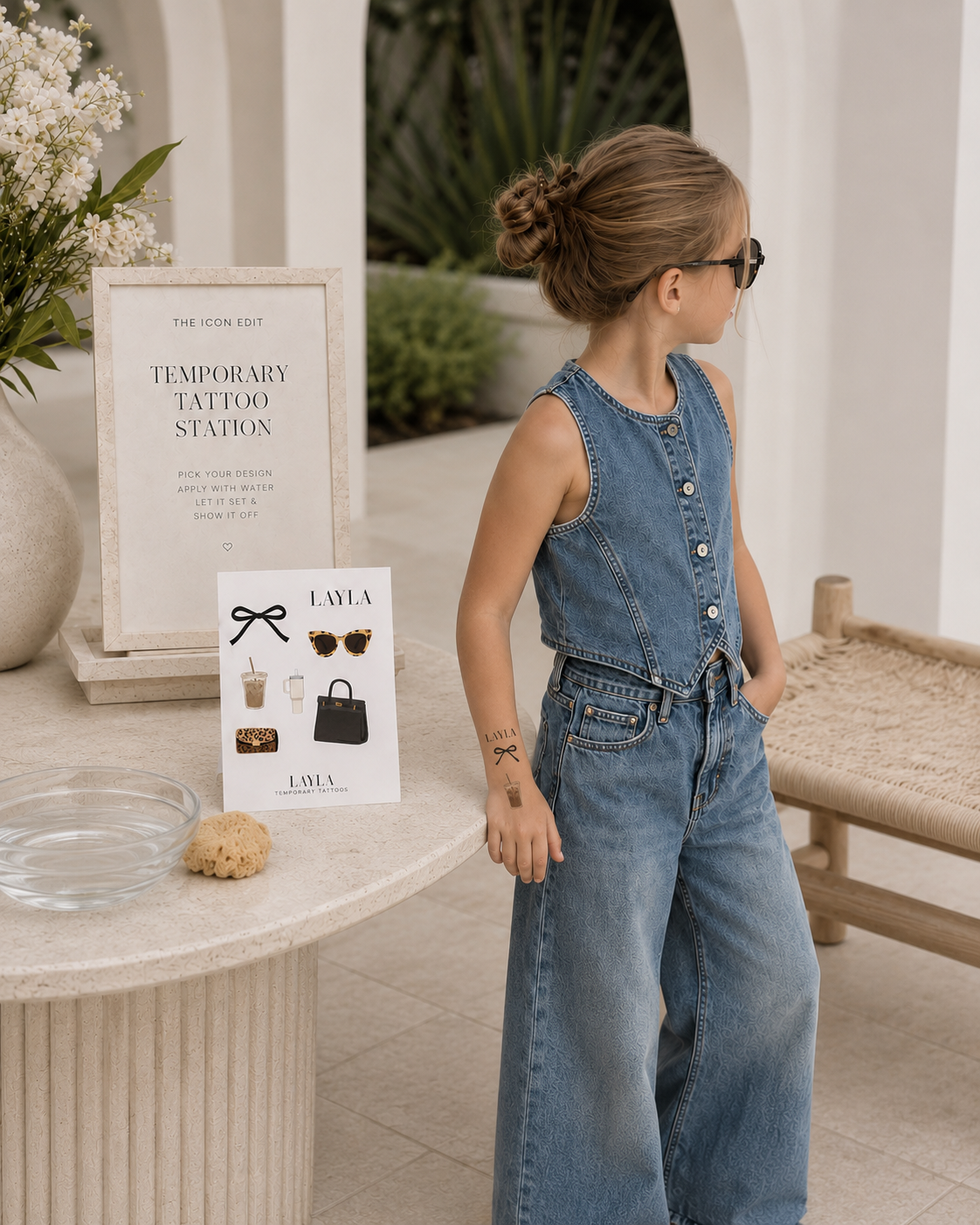 Girl in denim and sunglasses wearing fashion temporary tattoos