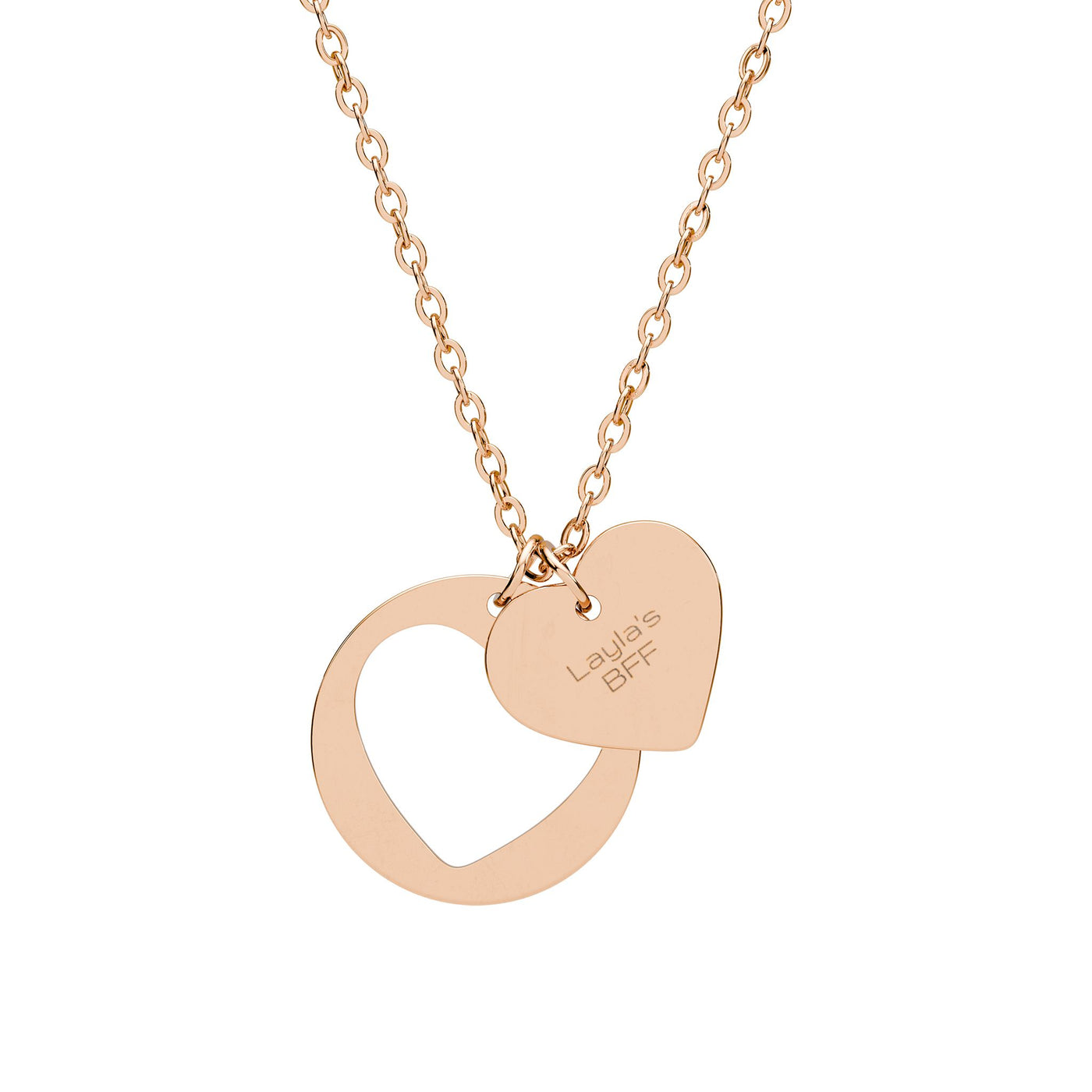 Personalized double-heart necklace in rose-gold finish with custom engraving
