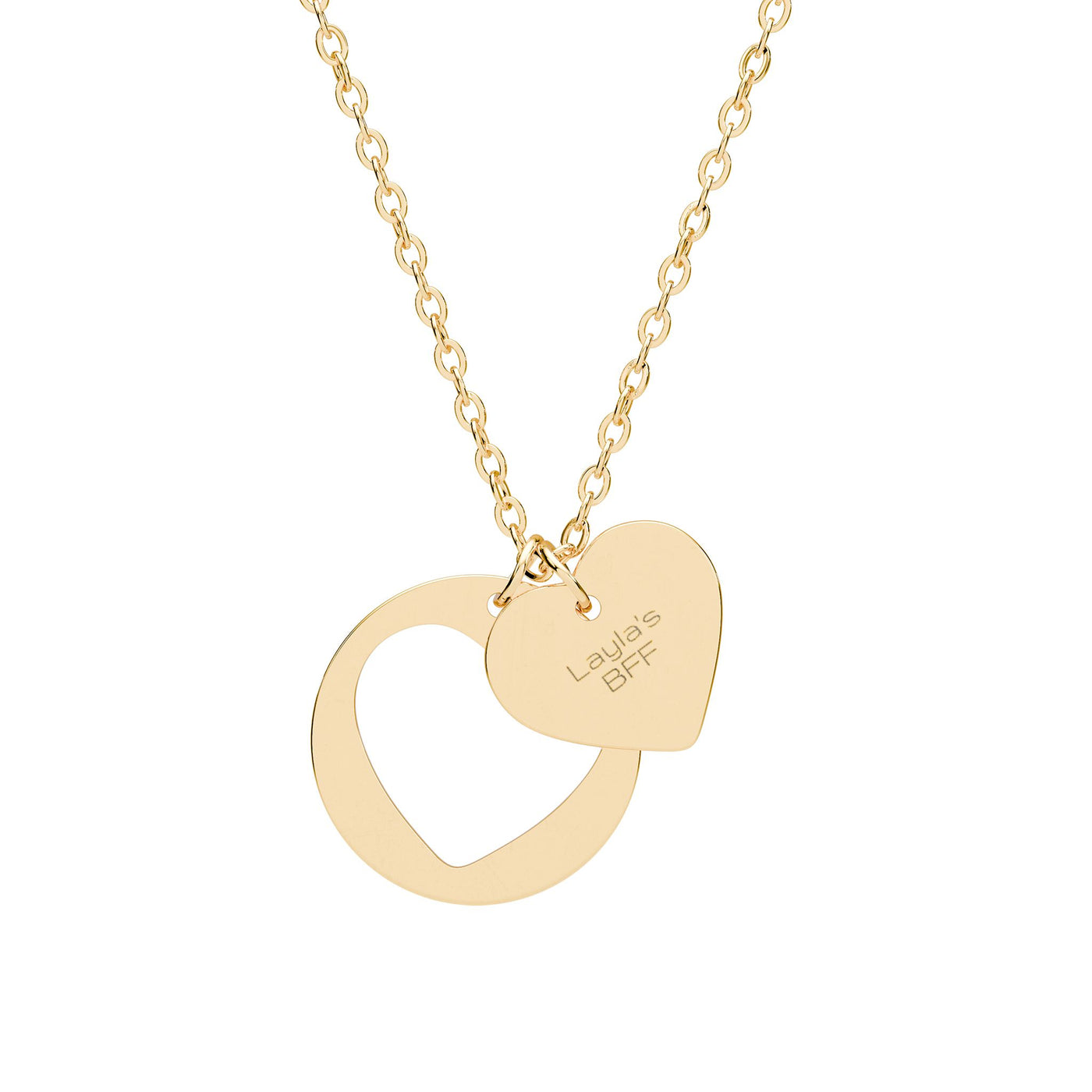 Personalized double-heart necklace in gold finish with custom engraving