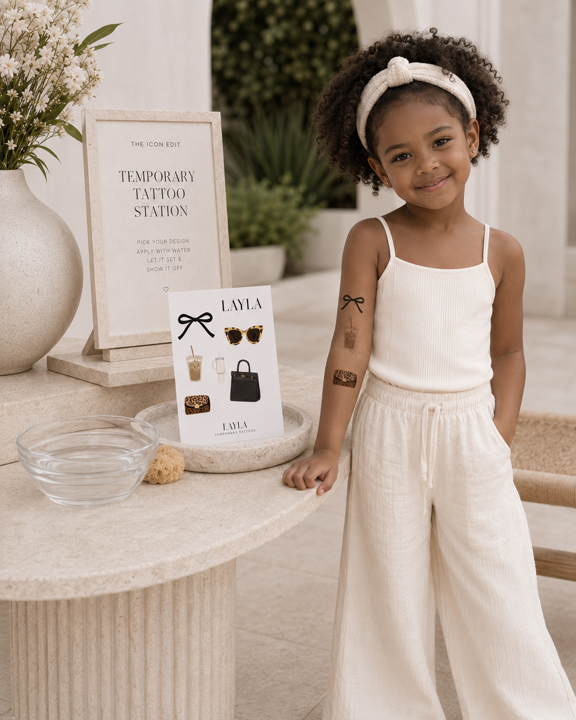 Girl wearing fashion temporary tattoos beside the personalized tattoo station display