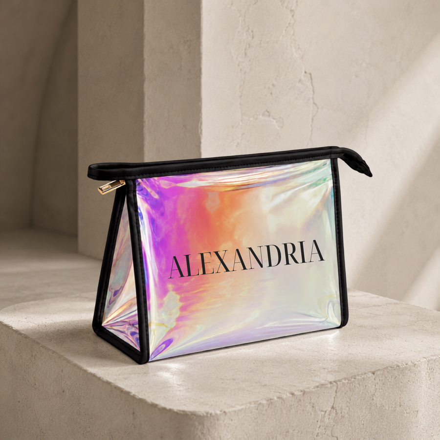 Personalized holographic cosmetic pouch with Alexandria name in black editorial type