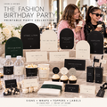 Fashion birthday printable collection with black and ivory signs, treat wraps and drink labels