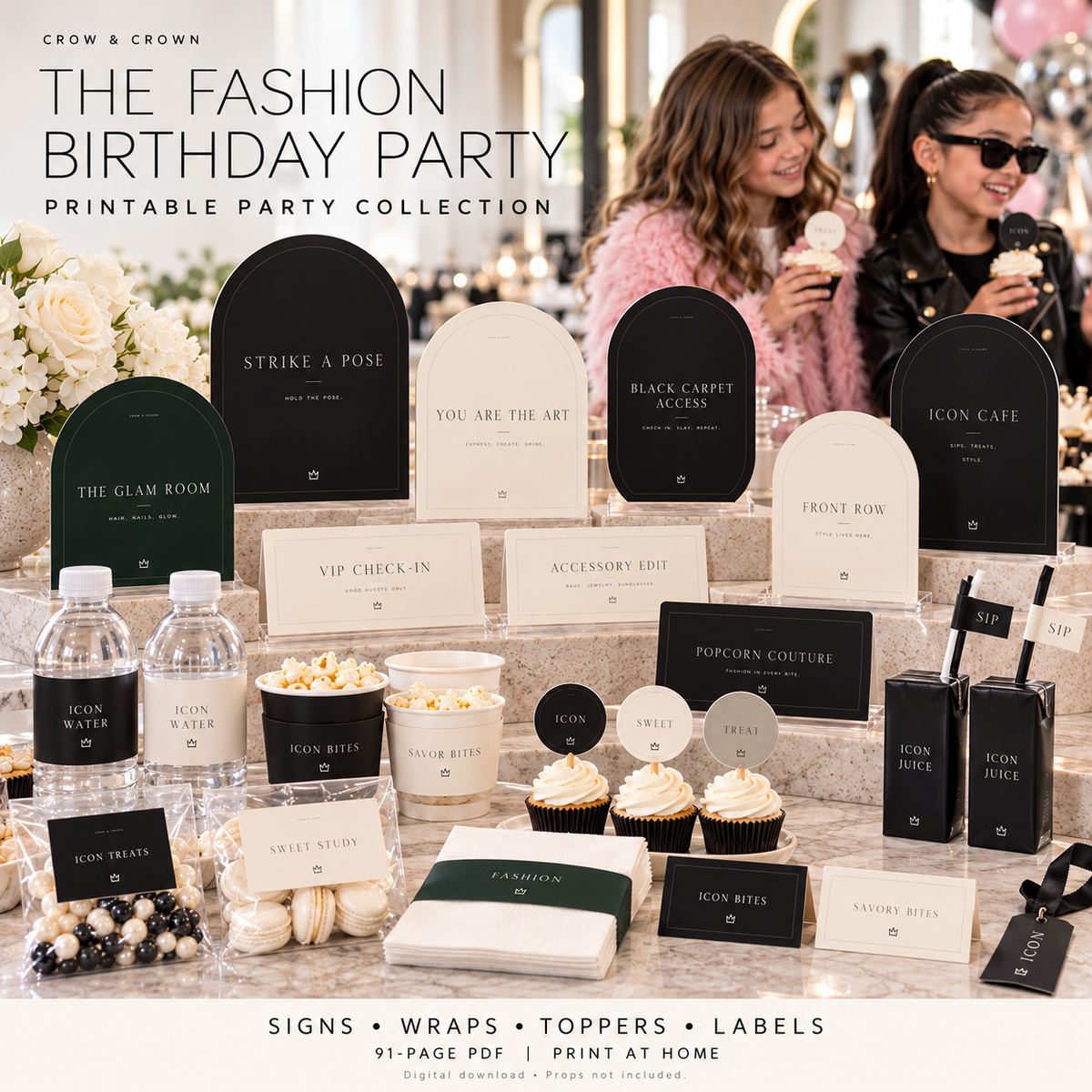 Fashion birthday printable collection with black and ivory signs, treat wraps and drink labels