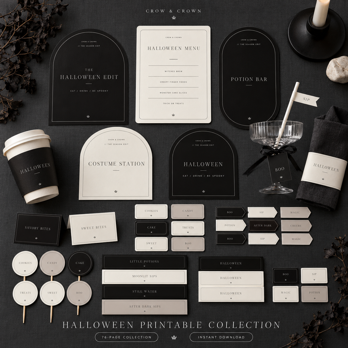 Halloween printable collection flat lay with signs, menus, wraps, tags, labels and round toppers