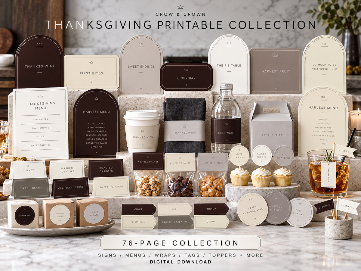 Thanksgiving 76-page printable collection overview arranged in rows on marble